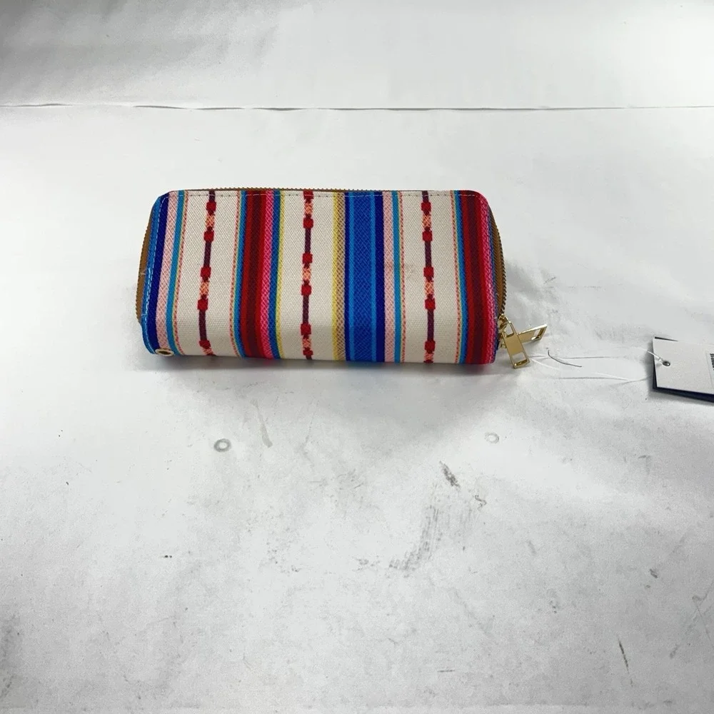Wallet Slim Striped Zip Around Organizer Wallet Vinyl  New 7X4